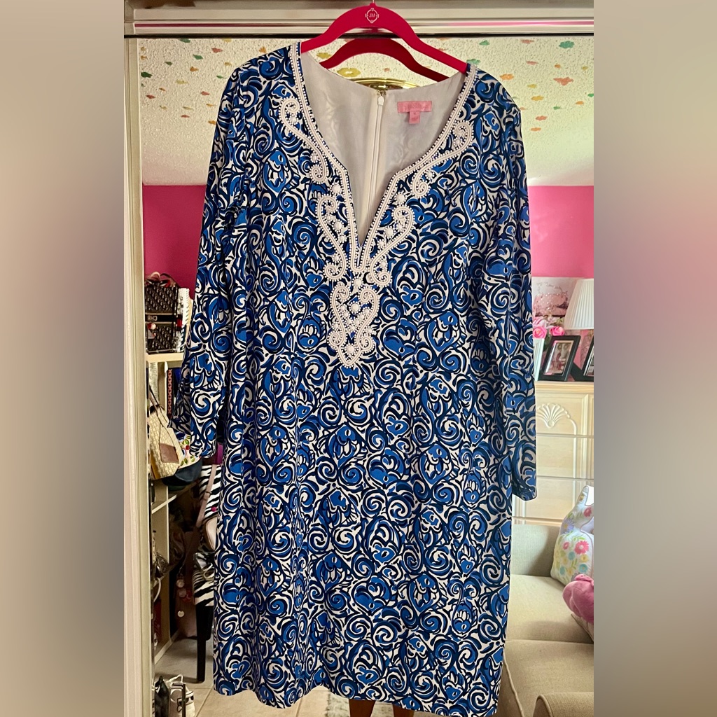 Lilly Pulitzer Size Xl Dress White & Shades Of Blue Polyester/Spandex 3/4 Sleeve